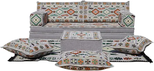 Vista 16 de arabicsofa Sofá Tradicional Árabe para Piso – Juego de Cojines Modulares para Sala de Estar Azul
