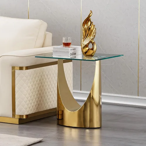 Vista 43 de Mesa auxiliar de cristal dorado de lujo, moderna mesa de centro cuadrada para sofá con base de acero inoxidable con espejo brillante, mesa de noche