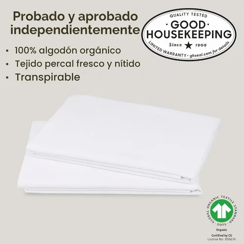 Vista 2 de California Design Den Juego de 2 fundas de almohada de 100 % algodón orgánico tamaño Queen/estándar, suaves y nítidas fundas de almohada de algodón
