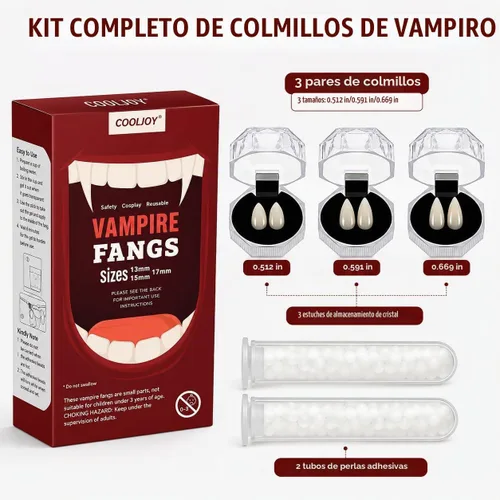 Vista 2 de COOLJOY 3 tamaños de dientes de vampiro con colmillos adhesivos para cosplay de Halloween, dientes falsos blancos de terror, accesorios