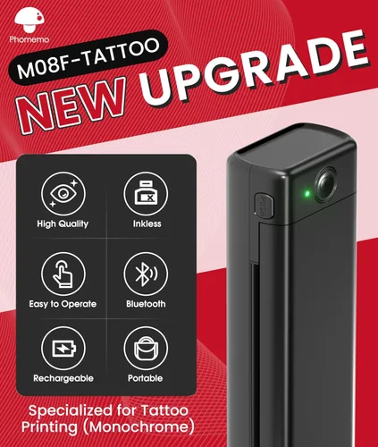 Vista 2 de Phomemo Impresora de plantilla de tatuaje, impresora térmica inalámbrica M08F con 10 piezas de papel de transferencia, compatible