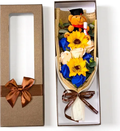 Vista 5 de Ansuma Ramo de flores de jabón perfumado de girasol rosa de graduación de 13 pulgadas, mini oso de peluche con tapa de graduación, arreglos Azul