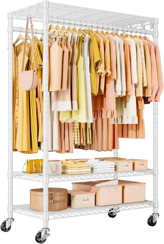Vista 9 de ULIFHOME P7 - Perchero enrollable para ropa, estantes para colgar ropa, estante resistente para prendas con ruedas, estante de clóset portátil de 3