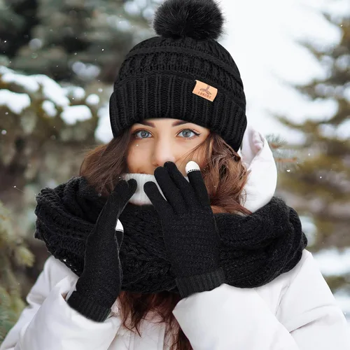 Vista 6 de Winter Hat Scarf Gloves and Ear Warmer, Warm Knit Beanie Hat Touch Screen Gloves Set Winter Gifts Neck Scarves for Women