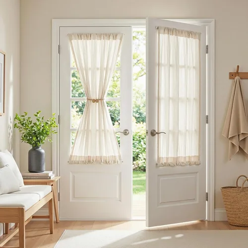 Vista 53 de MYSKY HOME Cortinas naturales de puerta francesa para ventana de puerta, 40 pulgadas de largo, cortas, semitransparentes, filtrantes de luz