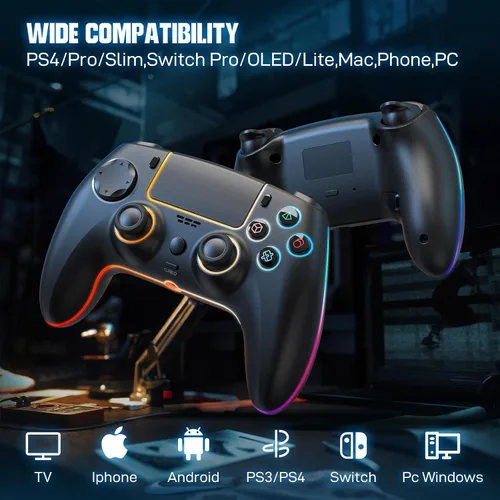 Vista 2 de ewnol Controller for PS4SlimProNintendo SwitchPC, Cool RGB Gamepad with Dual VibrationMotion Sensor9 Adjustable LED ColorsTURBOProgram Buttons