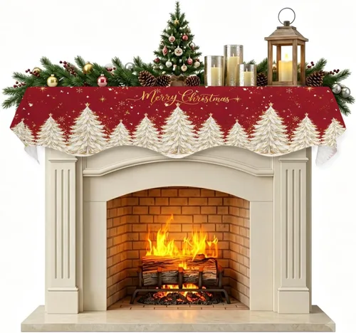 Vista 17 de Daleng Bufanda de repisa de camión de Navidad con muñeco de nieve para chimenea, 60 x 17 pulgadas, árbol de Navidad, copos de nieve, ciervos, verde