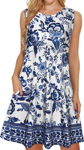 Vista 27 de elescat Vestidos de verano para mujer 2025, vestido casual de playa sin mangas con estampado floral, tipo camiseta, suelto y con bolsillos