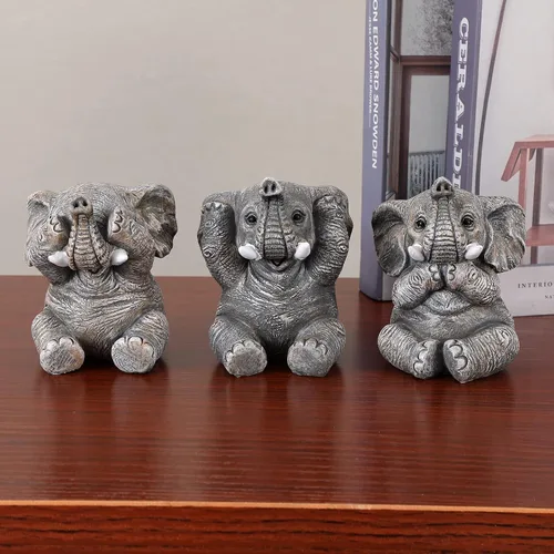 Vista 7 de Juego de 3 estatuas de elefante para decoración del hogar, bonitas figuras para estante, sala de estar, dormitorio, oficina, escritorio, estantería