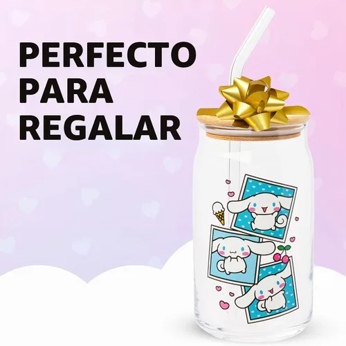 Vista 7 de Silver Buffalo Sanrio - Vaso de vidrio de Hello Kitty y sus amigos con polaroids de Cinnamonroll, con tapa de bambú y sorbete de vidrio, 16 onzas