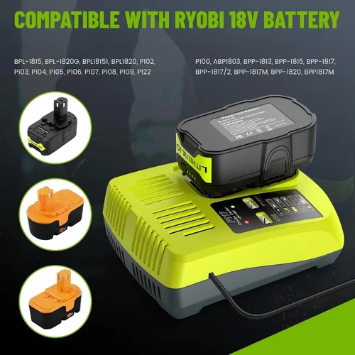 Vista 6 de Paquete de 2 baterías de repuesto P103 de 18 V 3000 mAh y cargador de repuesto de batería P117 de 12 V-18 V, compatible con Ryobi P100 P102 P104