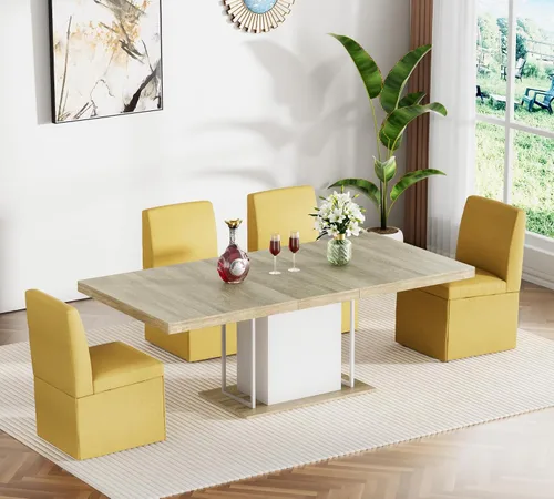 Vista 23 de Juego de mesa de comedor extensible para mesa de cocina extensible de 4, 5 piezas y 4 sillas de almacenamiento ocultas de lino tapizadas de madera