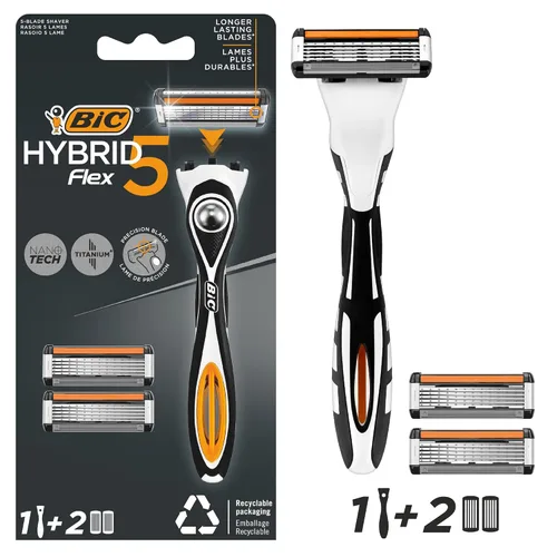 Vista 5 de BIC Hybrid 5 Flex - Recambios de maquinilla de afeitar para hombre con 5 cuchillas de titanio móviles Nano-Tech - Caja de 8 cartuchos