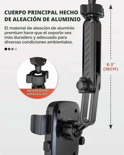 Vista 3 de IPOW Soporte de teléfono para espejo retrovisor para automóvil giratorio de 360° y retráctil, soporte de teléfono de automóvil con abrazadera
