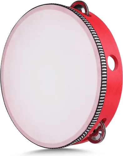 Vista 19 de Flexzion Pandereta de madera de mano para adultos de 6 pulgadas, doble fila de 8 pares de jingles (rojo) - Instrumento musical de pandereta redonda