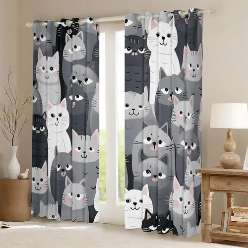Vista 2 de Feelyou Cortinas de ventana de gatos grises y blancos, cortinas de ventana con patrón de mascotas para dormitorio, sala de estar para niños, niñas