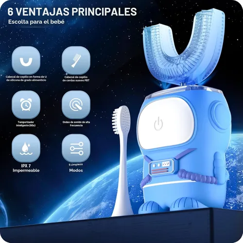 Vista 2 de RexCodar Cepillo de dientes eléctrico ultrasónico en forma de U para niños, IPX7 impermeable, cinco modos de limpieza, astronauta de dibujos