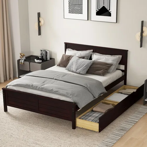 Vista 11 de KOMFOTT Marco de Cama de Madera Tamaño Twin con 2 Cajones de Almacenamiento, Marco de Cama de Plataforma de Mediados de Siglo con Cabecero, Soporte