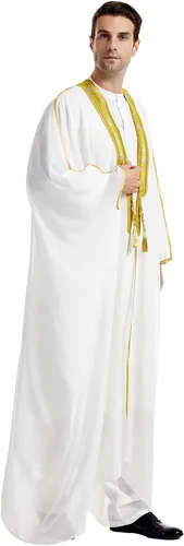 Vista 2 de Abaya Dubai Jalabiya Thobe Muslim Ramadan Robe Arab Camisa Abaya Hombres Bordado Gasa Cubierta Blanco