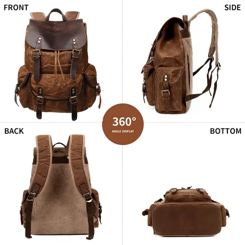 Vista 6 de HuaChen Mochila vintage de lona encerada con solapa de cuero genuino, mochila de viaje y trabajo, resistente al agua con bolsillo antirrobo, grande