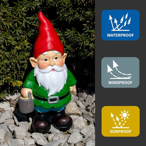Vista 4 de Figura de gnomo de jardín de poliresina para adornos de césped, decoración de interiores o exteriores, 11 pulgadas de alto, cubo