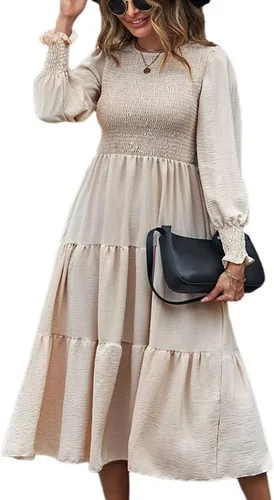 Vista 3 de SEBOWEL Vestido largo de manga larga con cuello redondo para mujer, con volantes escalonados, acampanado, vestido fluido para fiesta de cóctel