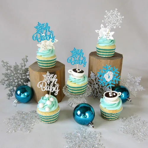 Vista 8 de Gyufise 24 piezas de copos de nieve Oh Baby Cupcake Toppers Glitter Winter Frozen Baby Shower Cupcake Picks para invierno, país de las maravillas