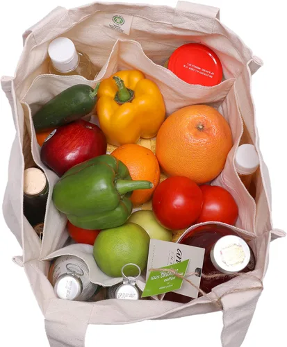 Vista 3 de AMOUR INFINI Bolsas de comestibles de algodón orgánico con funda para botella, juego de 3 bolsas de hombro plegables y lavables con asas reforzadas