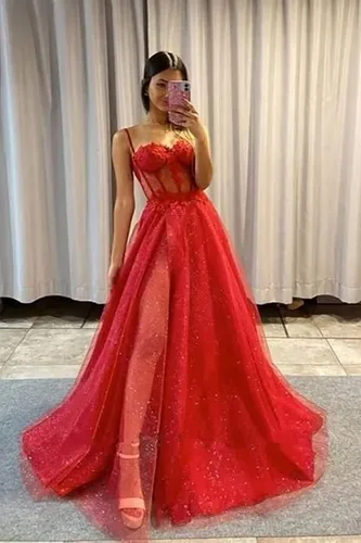 Vista 4 de Molisa Vestidos de fiesta de tul con purpurina 2023 con tirantes delgados, flores 3D, vestidos largos formales de noche con abertura