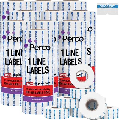 Vista 24 de Perco 1 línea de impresión inversa morada en etiquetas blancas de panadería, 8,000 etiquetas para pistolas Perco Lite, X, Plus y Pro, con diseño a