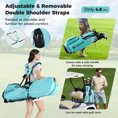 Vista 6 de Bolsa de pie de golf ULTIMATE, bolsa de golf de 8 vías con 5 bolsillos, capucha antilluvia, correa desmontable de doble hombro, almohadilla lumbar