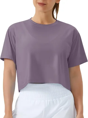 Vista 14 de THE GYM PEOPLE - Camiseta de entrenamiento para mujer, manga corta, básica, recortada, deportiva, de yoga, para correr, estilo boxy Verde militar