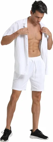 Vista 29 de RPOVIG Conjunto corto de camisa de lino: conjunto casual de 2 piezas con botones para hombre