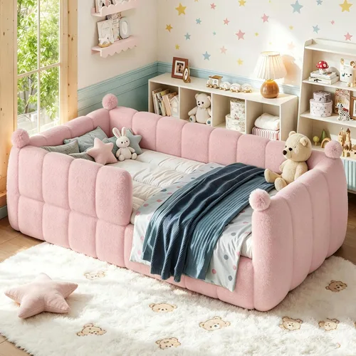 Vista 15 de Bellemave Cama Montessori tapizada de vellón de peluche de tamaño matrimonial con valla, marco de cama infantil de perfil bajo con barandillas