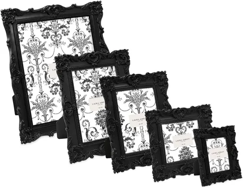 Vista 3 de Laura Ashley - Marco de fotos 2x3 negro con textura ornamentada hecho a mano en resina con caballete, para exhibición en mesa y pared, con diseño