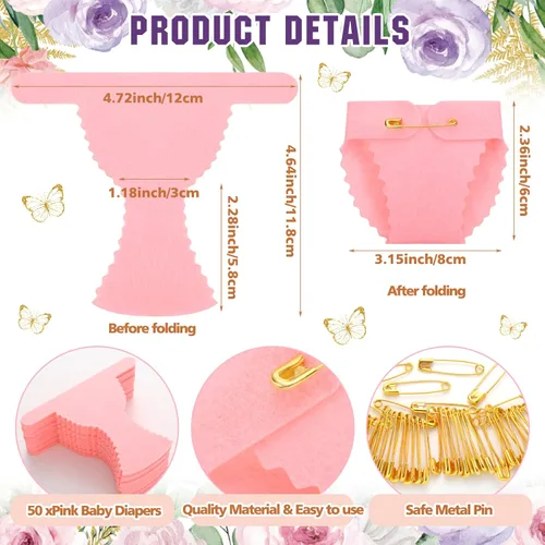 Vista 4 de BBTO 51 piezas de pañales sucios para baby shower, juego de mariposa para baby shower, divertido letrero de madera, 50 piezas, mini pañal de fieltro
