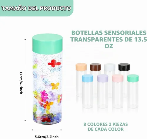 Vista 2 de 16 botellas sensoriales con tapas, botellas de agua de plástico transparente a prueba de fugas de 13.5 onzas, reutilizables, vacías
