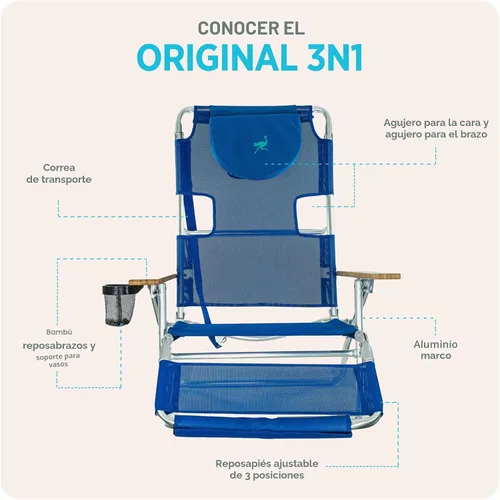 Vista 6 de Ostrich 3N1 Silla reclinable ligera para césped, playa, reclinable con reposapiés, Muebles de exterior para patio, balcón, patio trasero o porche