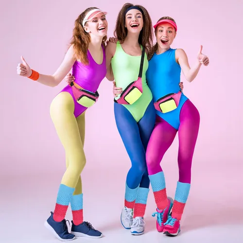 Vista 5 de Hicarer Accesorios de disfraz de los años 80 para mujeres y niñas, cangurera retro neón, calcetines largos para fiestas de los años 80 y 90