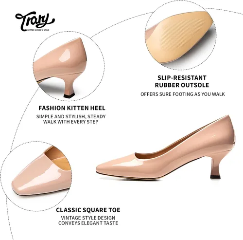 Vista 4 de Trary Zapatos de tacón de gatito para mujer, zapatos de vestir clásicos con punta cuadrada, zapatos casuales de tacón bajo cerrado para mujer oficina