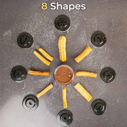 Vista 6 de Churrera Churro Maker Machine - Libro electrónico de recetas gratis incluido - 8 discos intercambiables - Máquina para hacer churros - Máquina