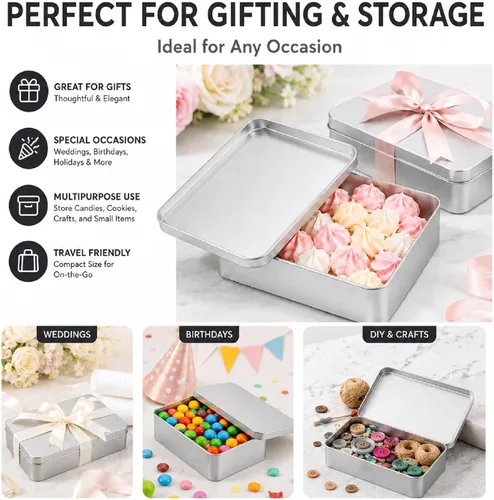 Vista 5 de Paquete de 8 cajas de latas de metal vacías con tapa, latas de galletas rectangulares de metal plateado para golosinas, regalos, regalos, velas