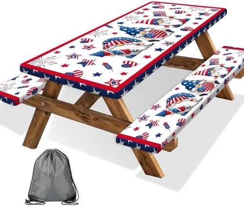 Vista 77 de Funda para Mesa de Picnic con Fundas para Bancos y Bolsa, Campista de Madera Impermeable Resistente al Viento, Cubierta de Mantel Ajustada con Borde