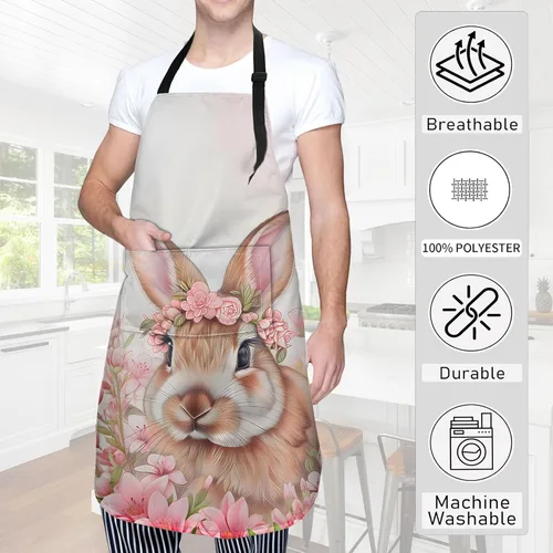 Vista 3 de Floral Bunny Apron Cute Rabbit in Pink Blossoms Artwork Aprons Waterproof Oxford Polyester Adjustable Pockets Design