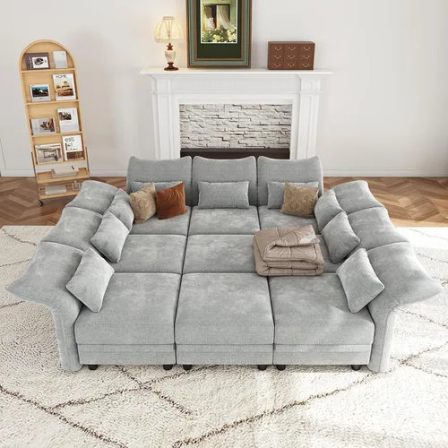 Vista 32 de LLappuil Sofá seccional beige con almacenamiento, sofás modulares de pana para sala de estar con apoyabrazos ajustables, cojines de felpa gruesos, 6