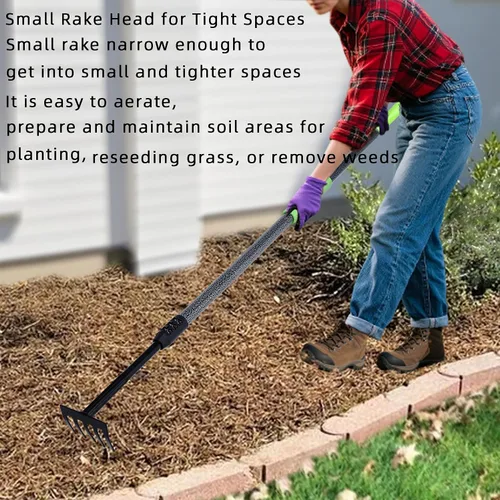 Vista 7 de Rastrillo de mano, mango ajustable para jardín, pequeño rastrillo para jardín Cultivador de mano resistente con agarre de espuma suave, mini