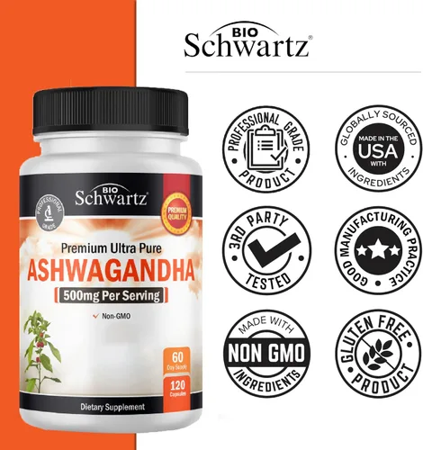 Vista 7 de BioSchwartz Ashwagandha Supplements - Cápsulas de Ashwagandha extra fuertes de 500 mg por porción, sin gluten, sin OMG, fabricadas en los Estados