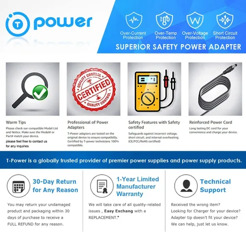 Vista 3 de T POWER Cargador de 19 V para Sony SRS-X7 SRS-X88, SA-NS300 Altavoz y LG Electronics PH300 Proyector LED DLP 24" 28" Monitor LCD LED AC Dc Adaptador