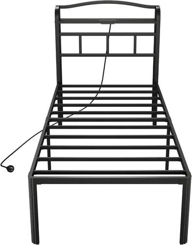 Vista 8 de SHOANED Base de cama de metal de 18 pulgadas, base de colchón básica de plataforma resistente de color negro con cabecera y estación de carga,