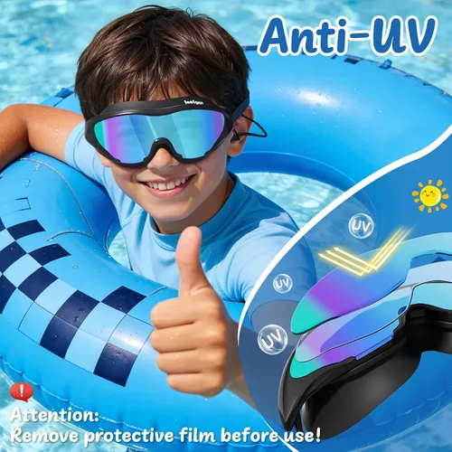 Vista 3 de Gafas de natación anti niebla UV para niños de 6 a 14 años, paquete de 2 gafas de natación para niños con tapones para los oídos adjuntos